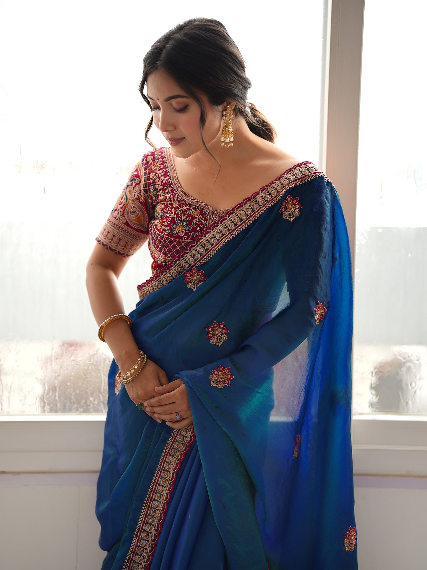 Women's Satin Navy Blue Zari Embroidered Designer Saree With Blouse Piece