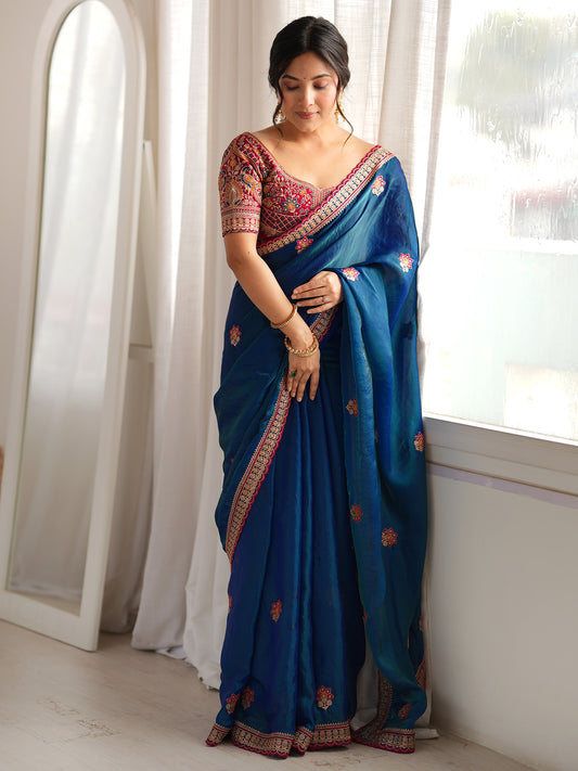 Women's Satin Navy Blue Zari Embroidered Designer Saree With Blouse Piece