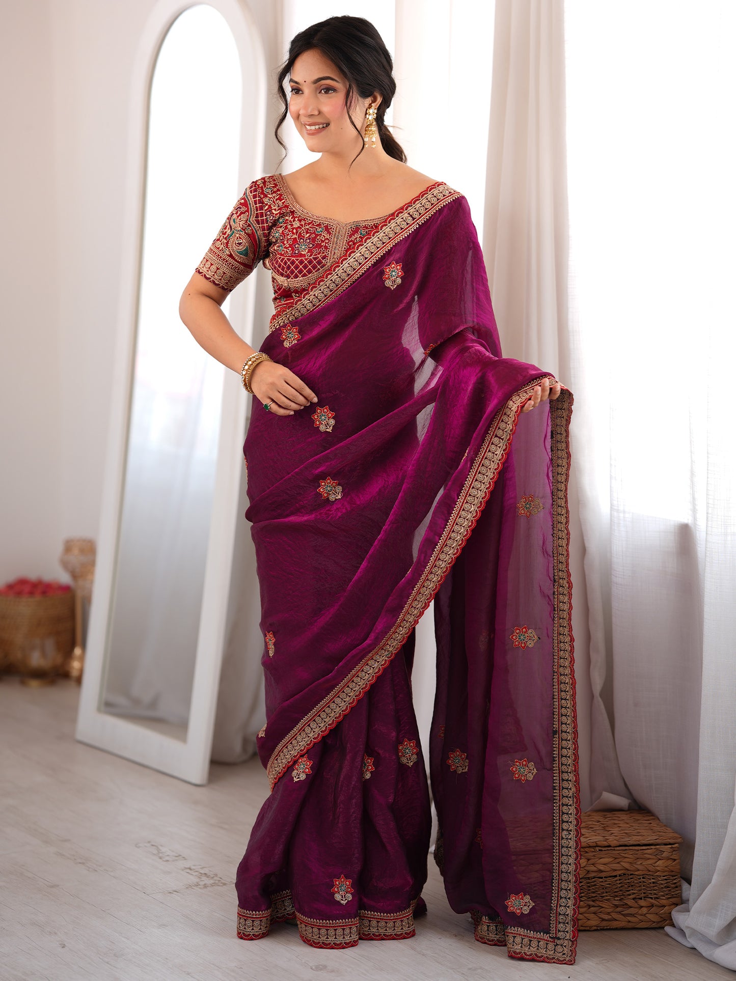 Women's Satin Wine Zari Embroidered Designer Saree With Blouse Piece