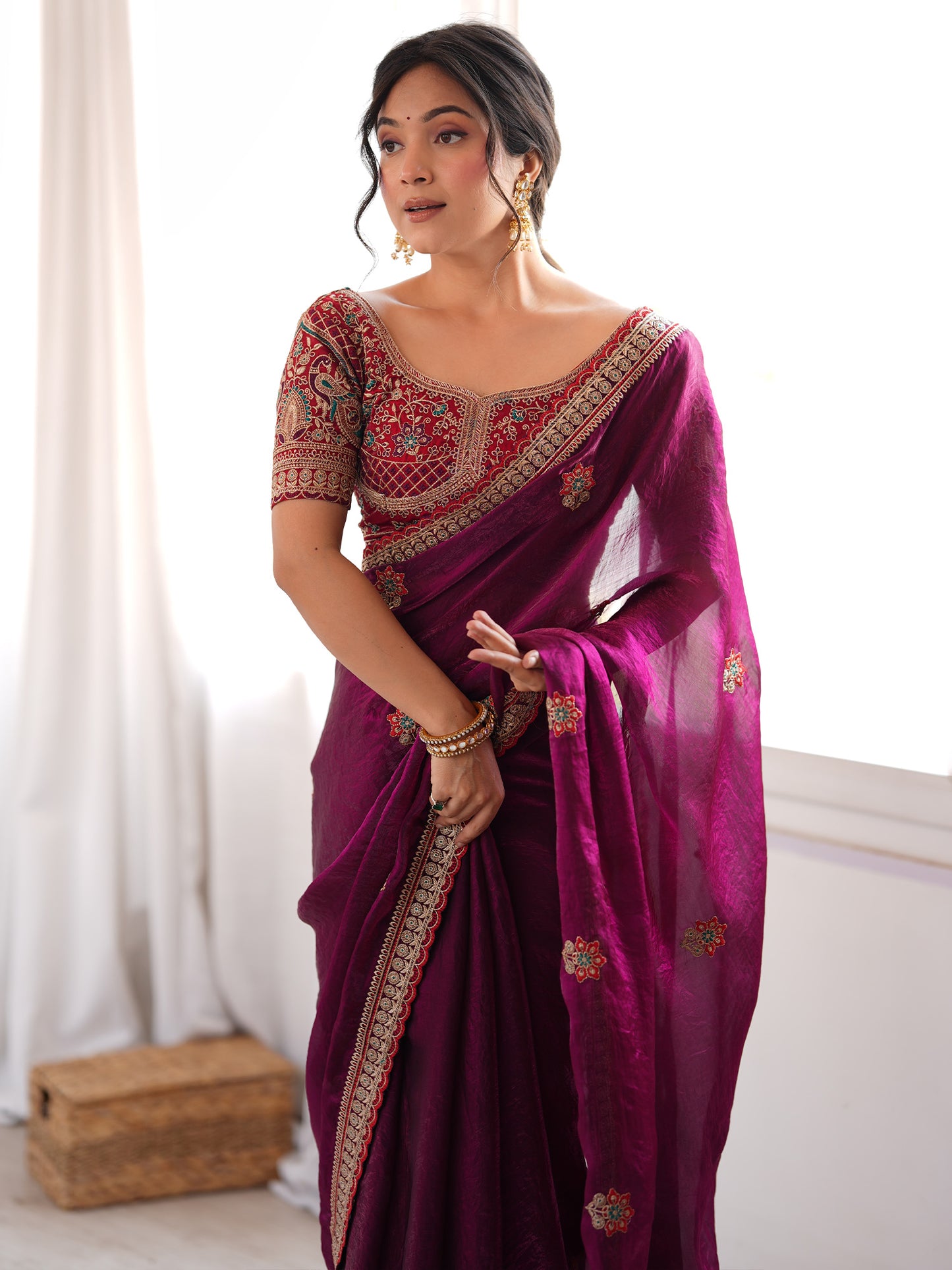 Women's Satin Wine Zari Embroidered Designer Saree With Blouse Piece