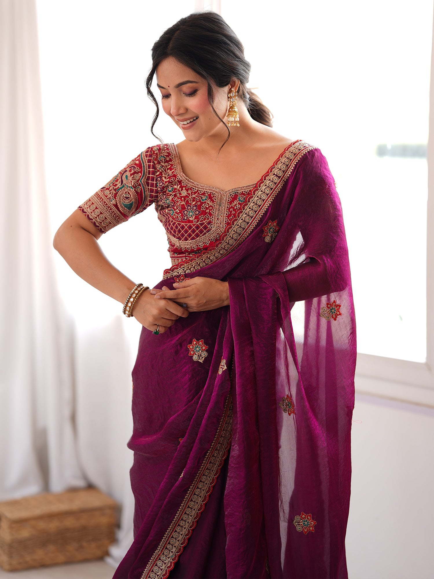 Women's Satin Wine Zari Embroidered Designer Saree With Blouse Piece