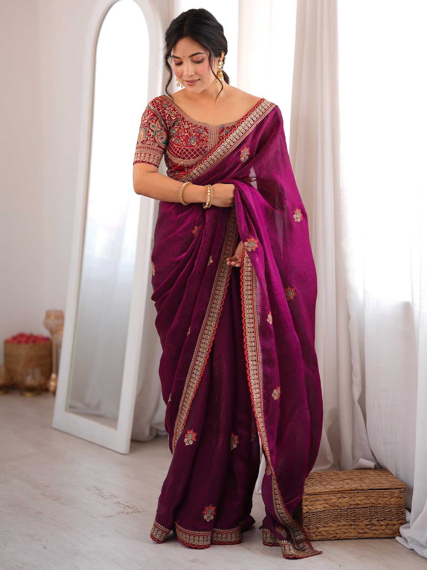 Women's Satin Wine Zari Embroidered Designer Saree With Blouse Piece