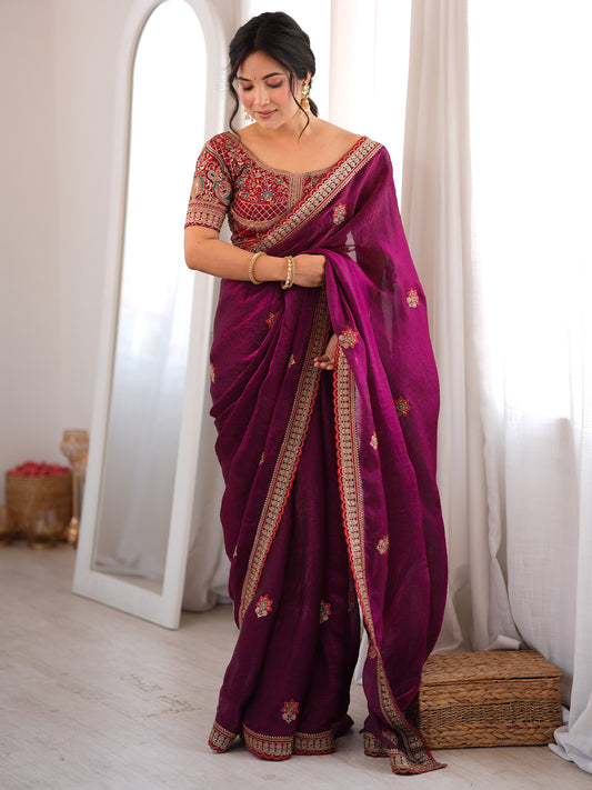 Women's Satin Wine Zari Embroidered Designer Saree With Blouse Piece