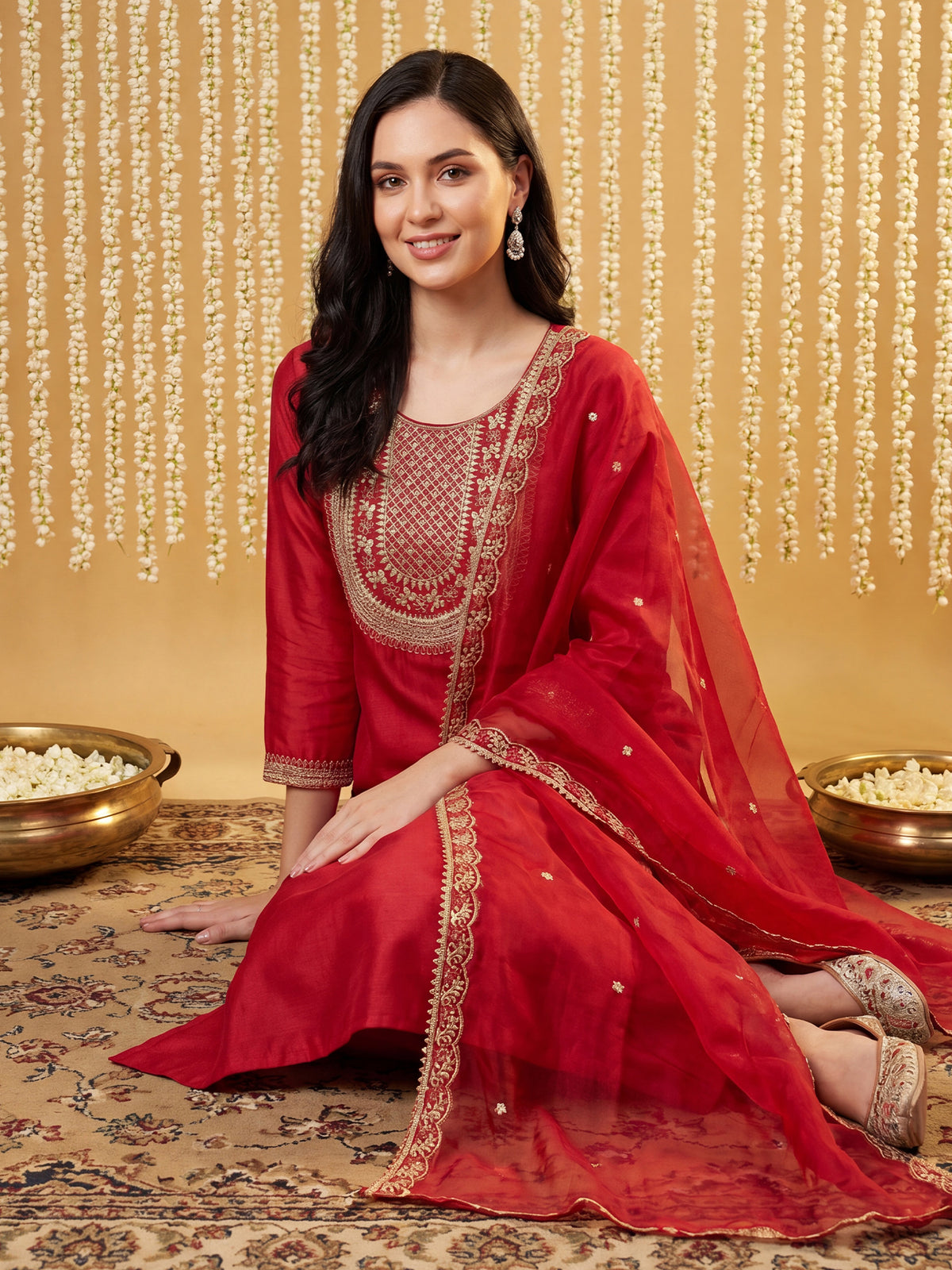 Red Embroidered Straight Kurta Trousers With Dupatta Set-DD1KH526