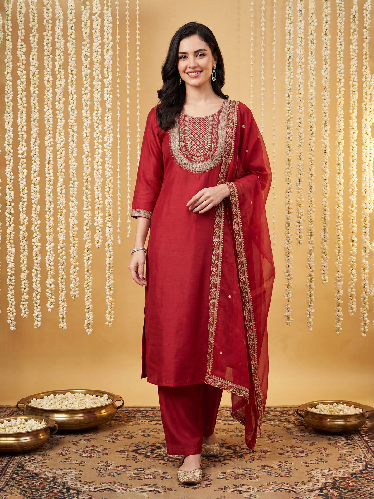 Red Embroidered Straight Kurta Trousers With Dupatta Set-DD1KH526