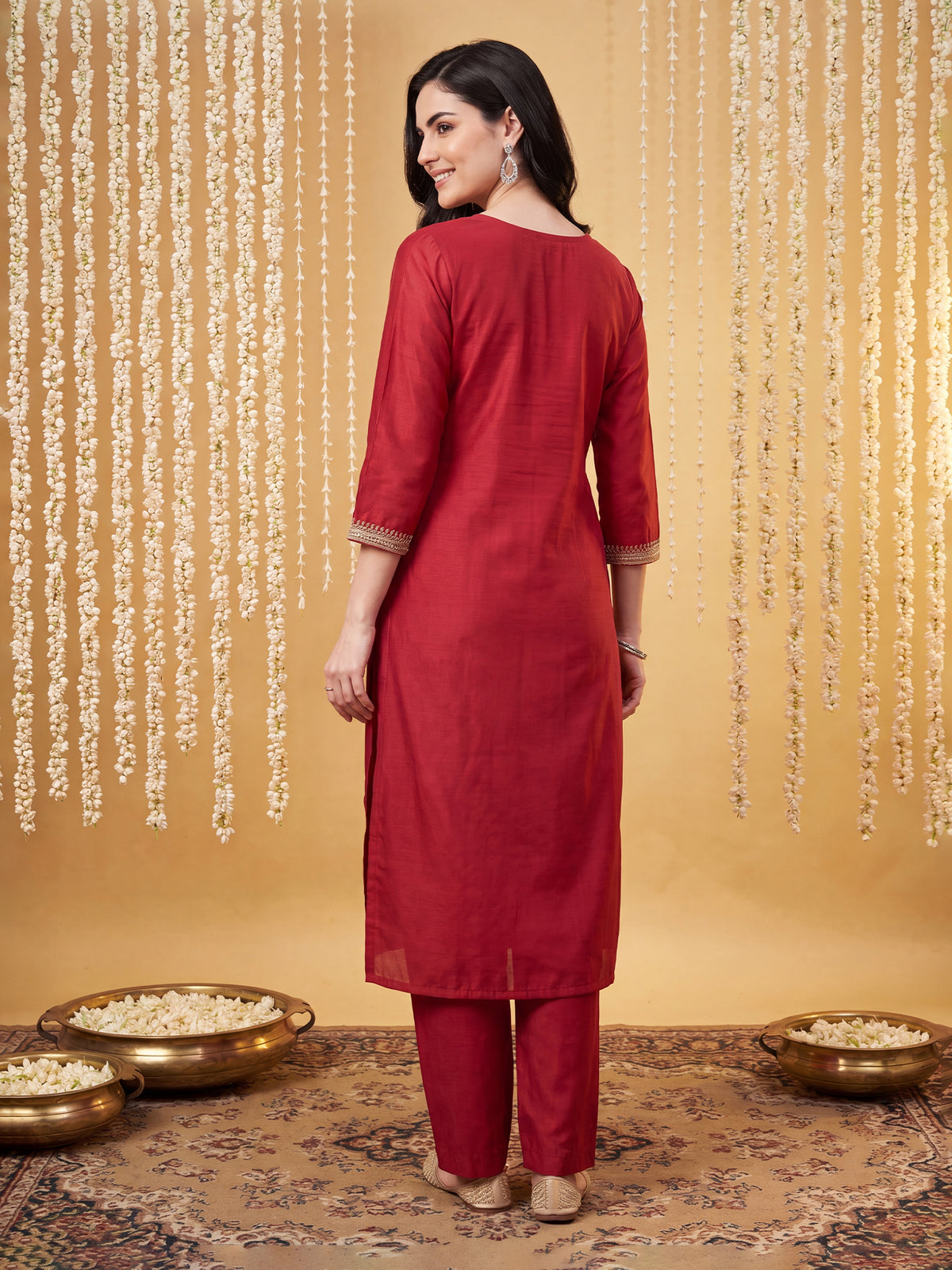 Red Embroidered Straight Kurta Trousers With Dupatta Set-DD1KH526