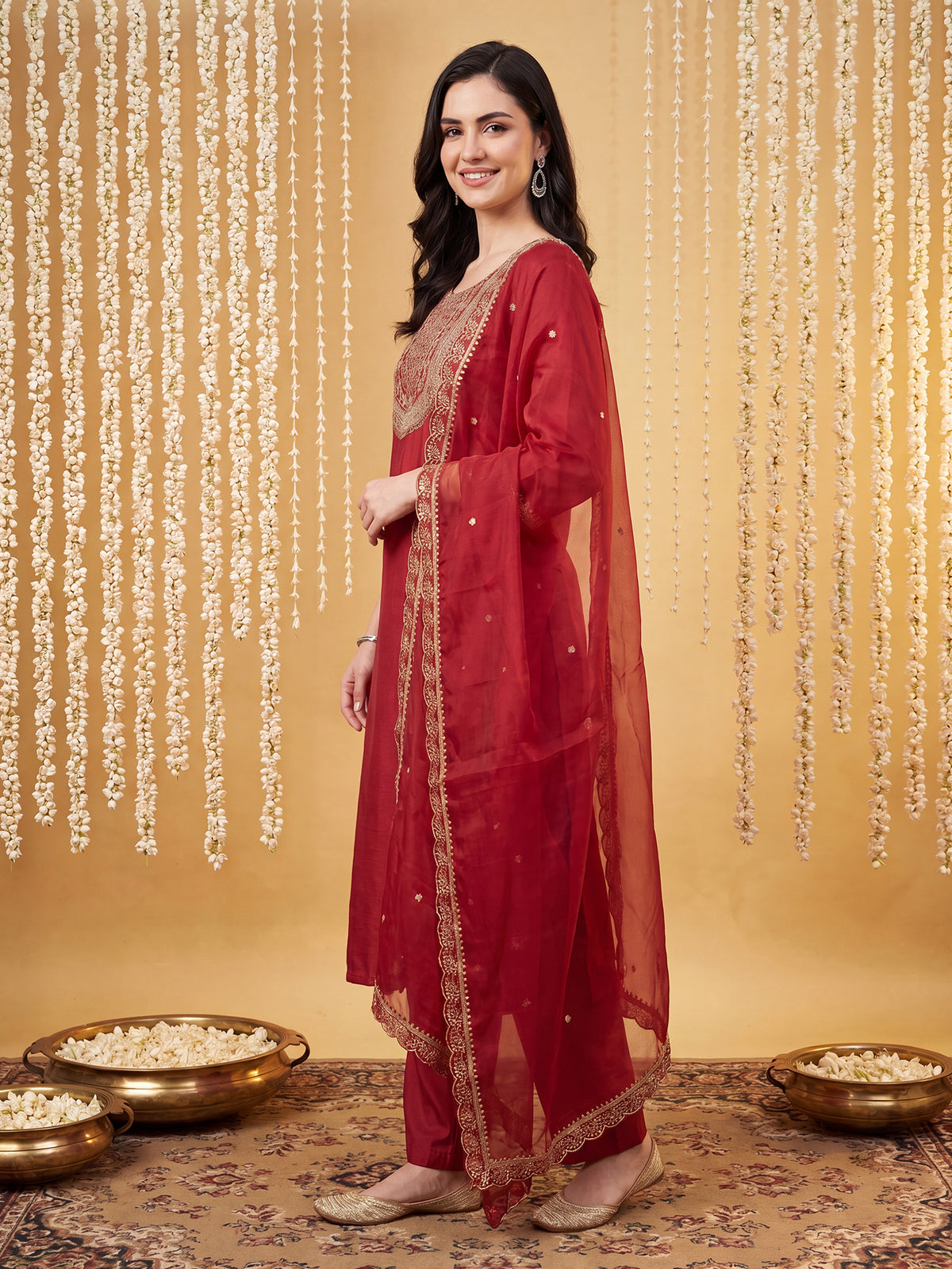 Red Embroidered Straight Kurta Trousers With Dupatta Set-DD1KH526