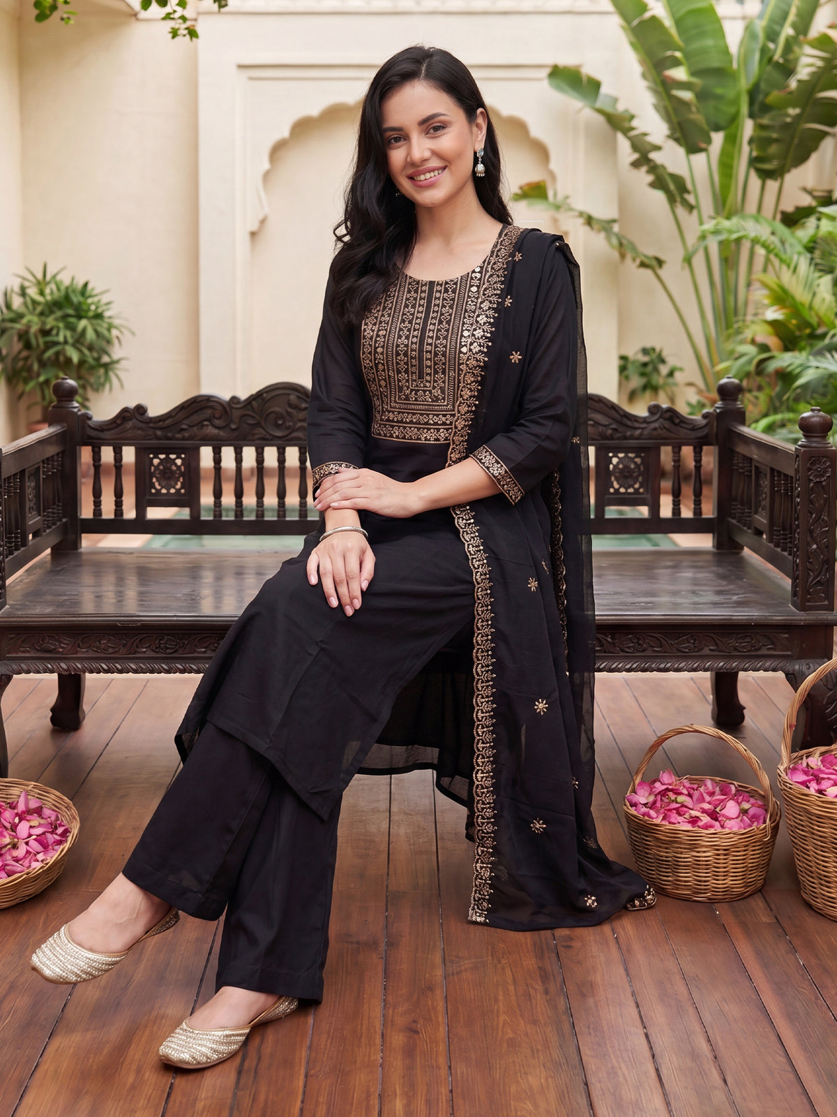 Black Embroidered Straight Kurta Trousers With Dupatta Set-DD9KH525