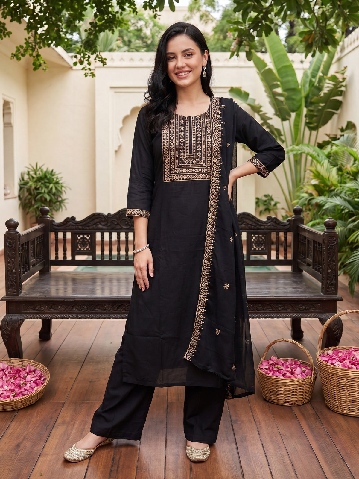 Black Embroidered Straight Kurta Trousers With Dupatta Set-DD9KH525