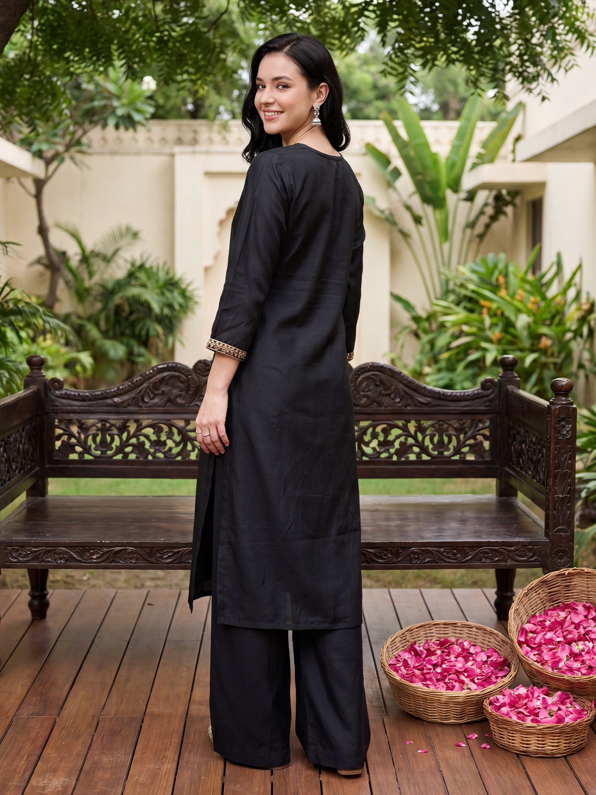 Black Embroidered Straight Kurta Trousers With Dupatta Set-DD9KH525