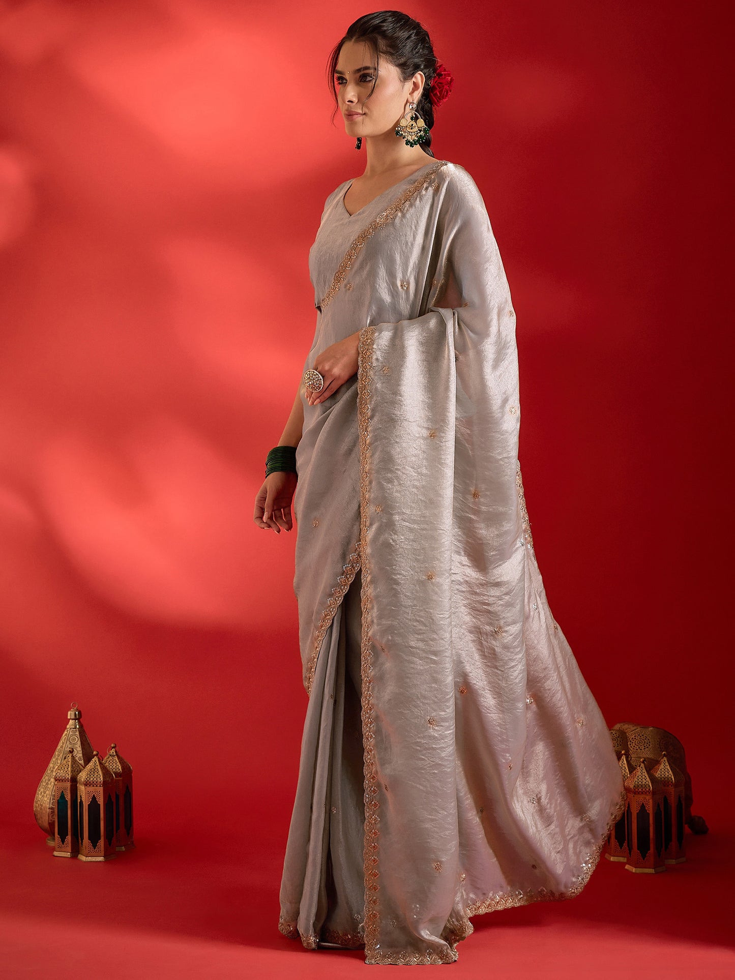 Women's Paper Silk Beige Embellished Ready to Wear With Blouse Piece