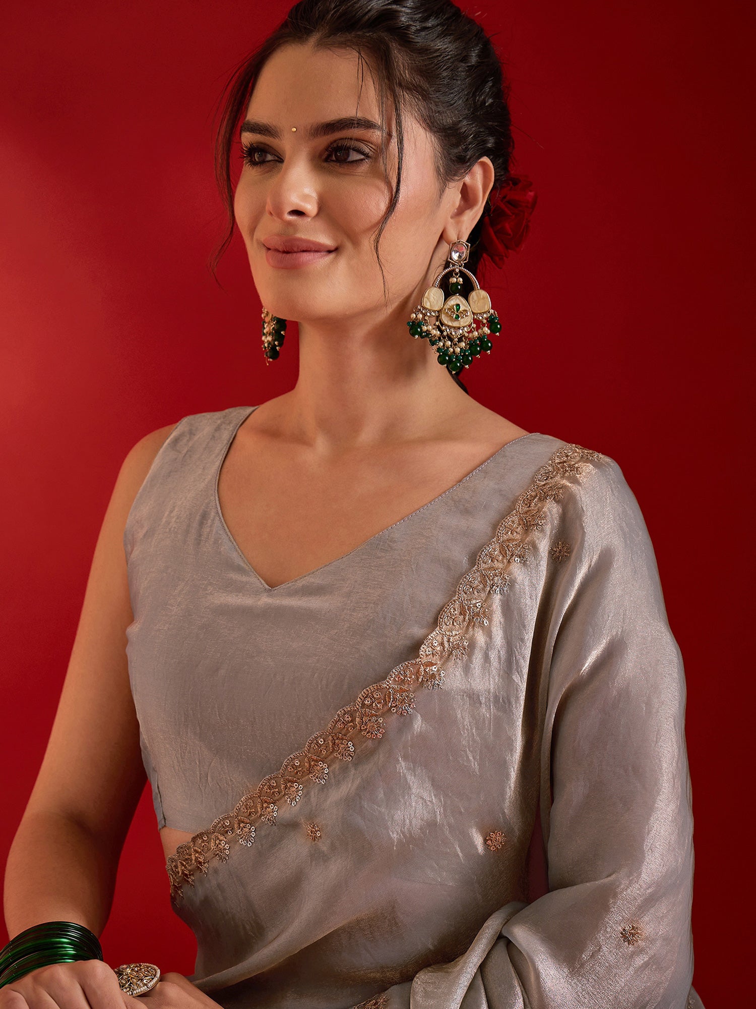 Women's Paper Silk Beige Embellished Ready to Wear With Blouse Piece