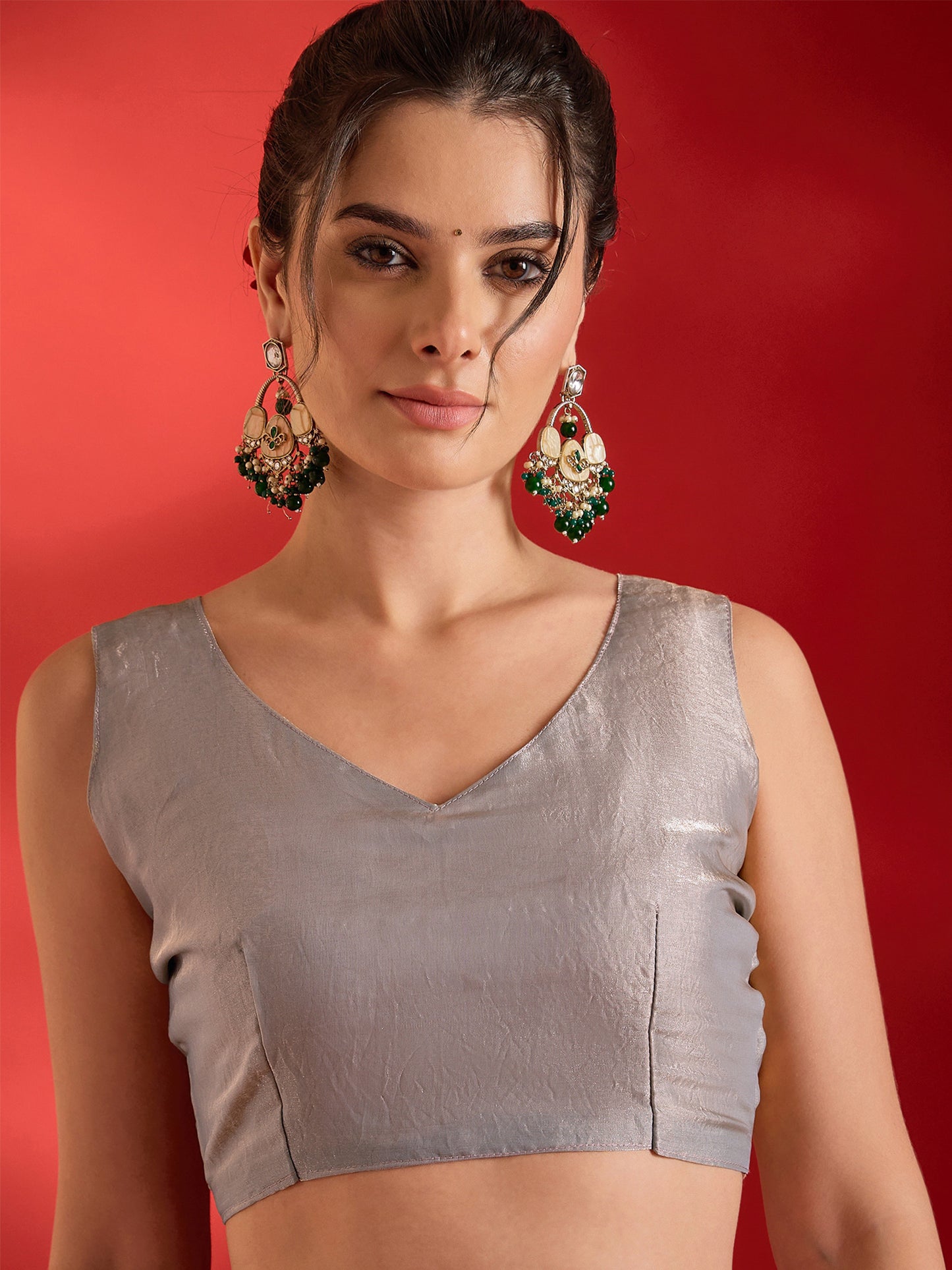 Women's Paper Silk Beige Embellished Ready to Wear With Blouse Piece