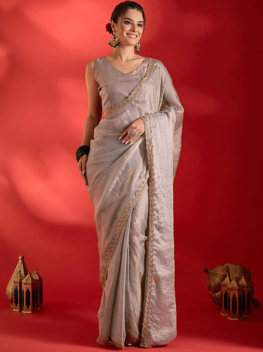 Women's Paper Silk Beige Embellished Ready to Wear With Blouse Piece