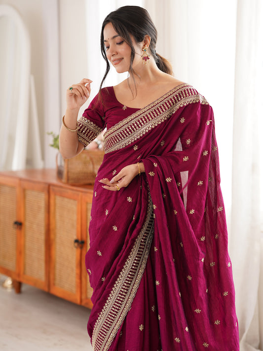 Women's Vichitra Silk Magenta Zari Embroidered Designer Saree With Blouse Piece