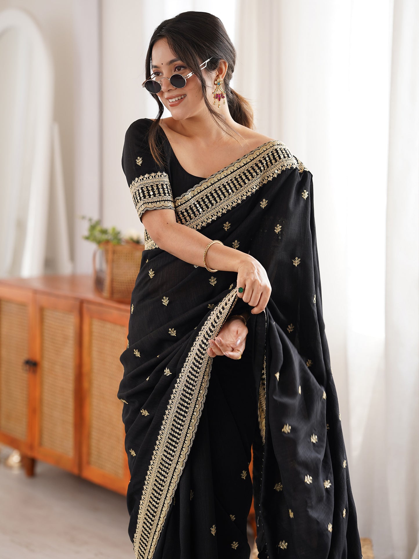 Women's Vichitra Silk Black Zari Embroidered Designer Saree With Blouse Piece
