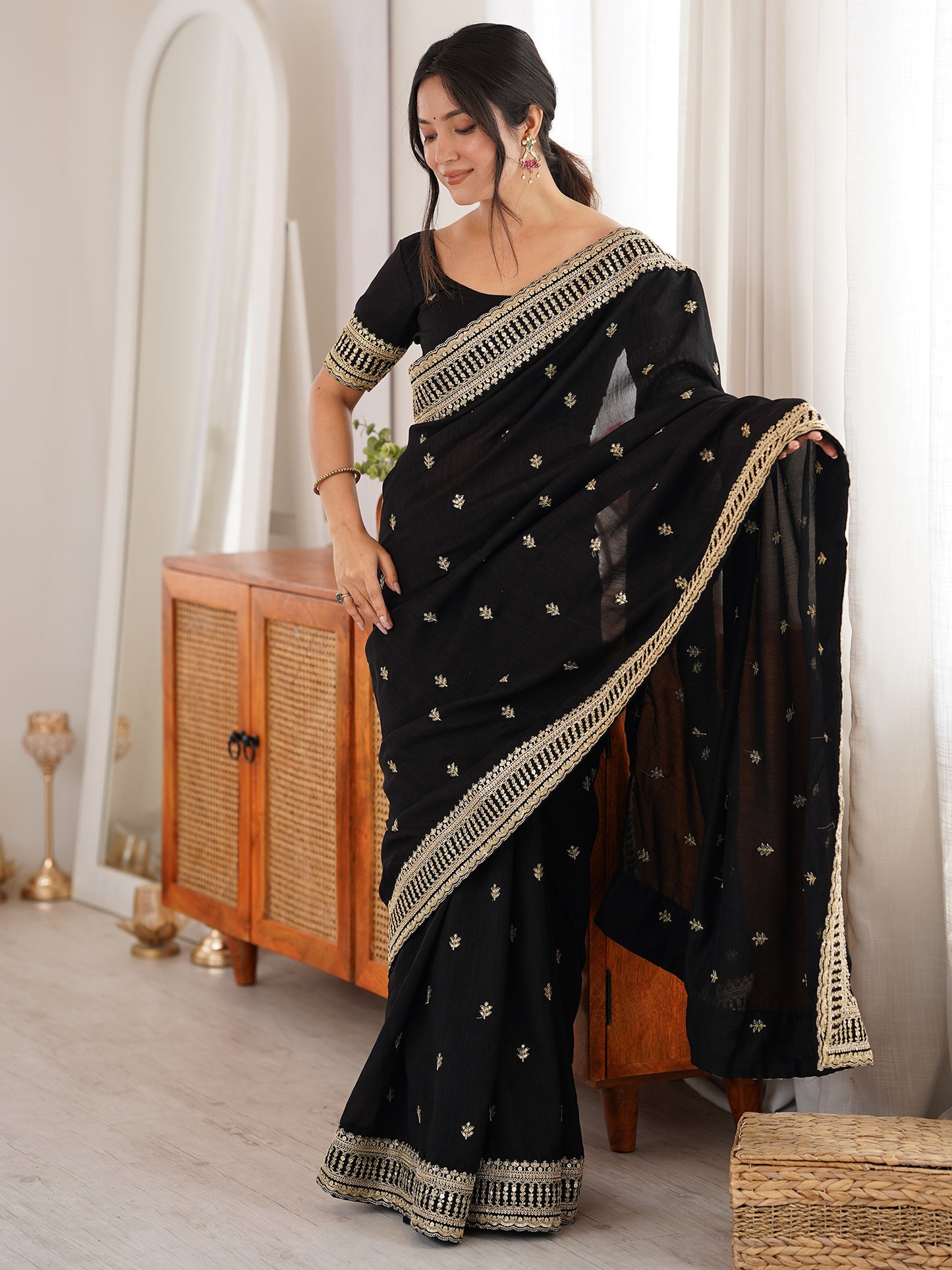 Women's Vichitra Silk Black Zari Embroidered Designer Saree With Blouse Piece