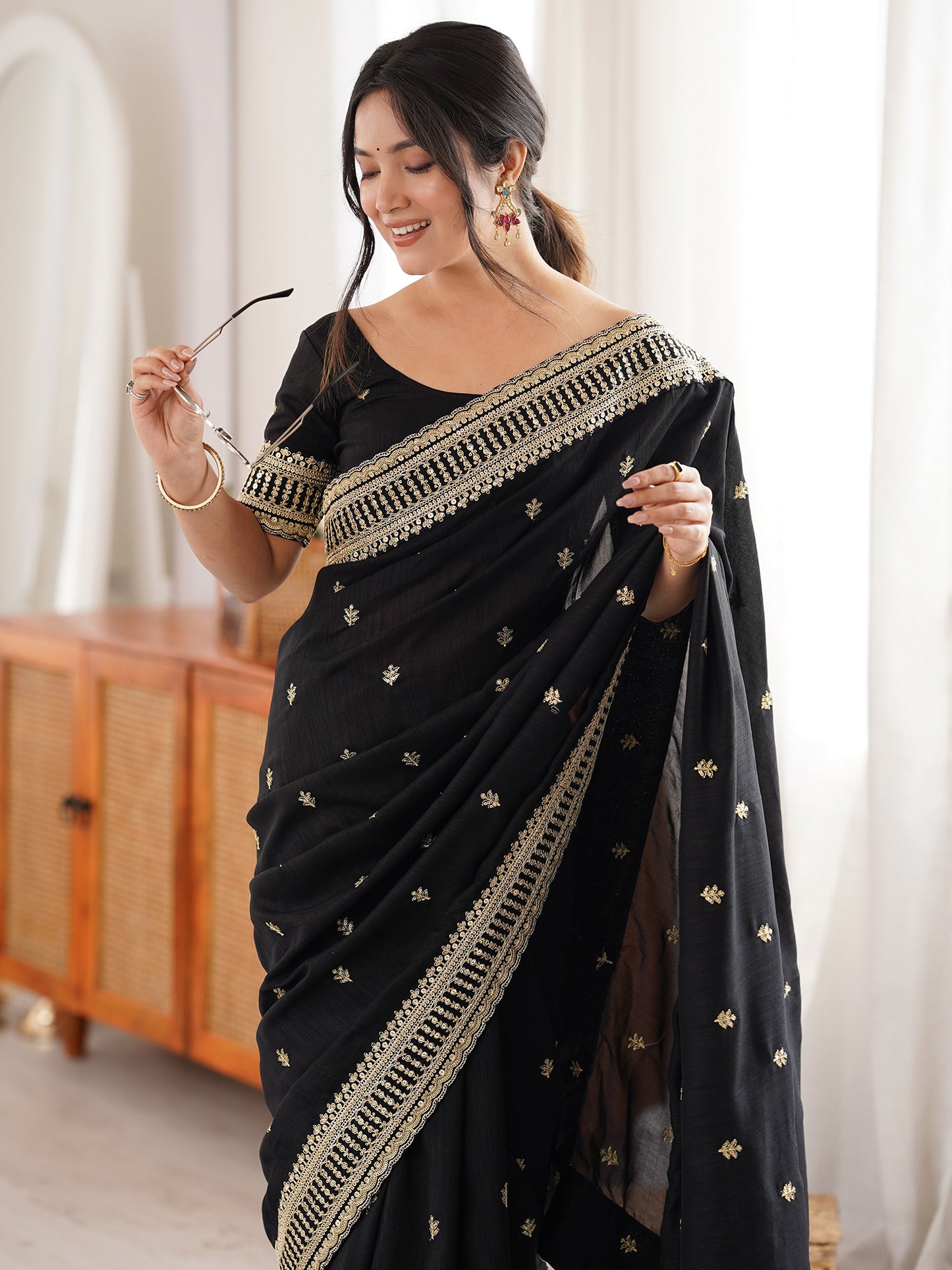 Women's Vichitra Silk Black Zari Embroidered Designer Saree With Blouse Piece