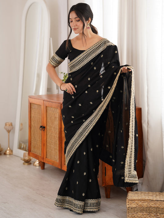 Women's Vichitra Silk Black Zari Embroidered Designer Saree With Blouse Piece