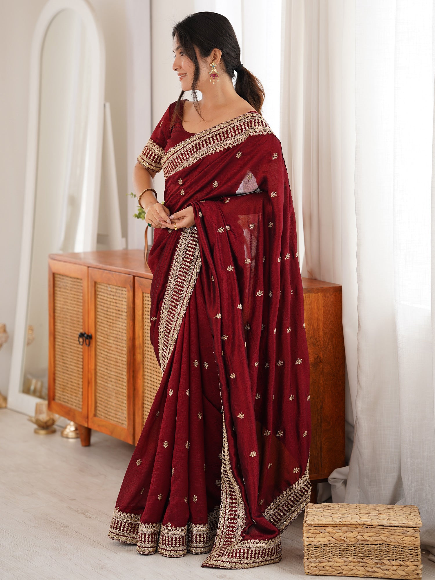 Women's Vichitra Silk Maroon Zari Embroidered Designer Saree With Blouse Piece