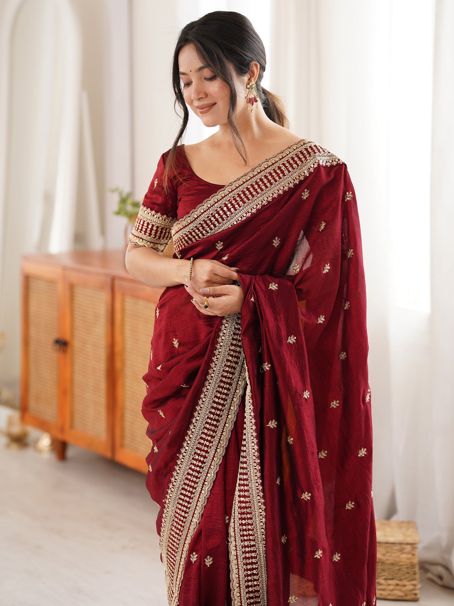 Women's Vichitra Silk Maroon Zari Embroidered Designer Saree With Blouse Piece
