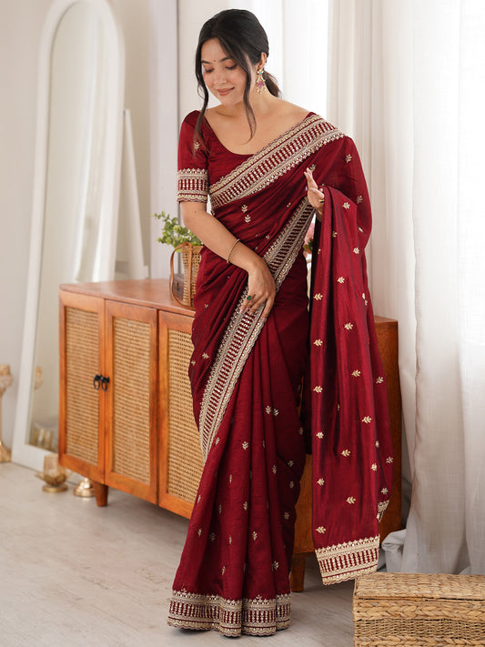 Women's Vichitra Silk Maroon Zari Embroidered Designer Saree With Blouse Piece