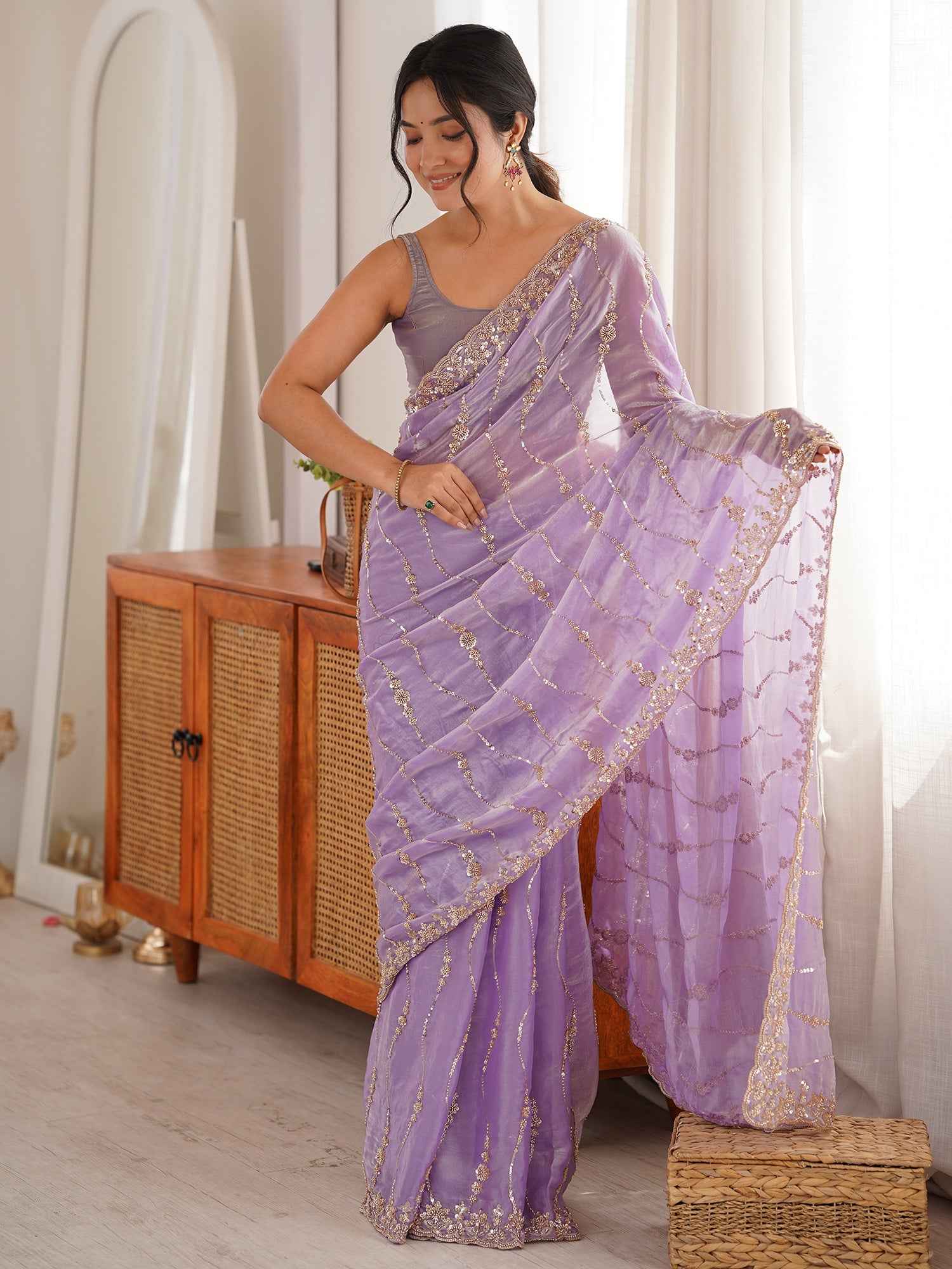 Women's Satin Lavender Embellished Designer Saree With Blouse Piece