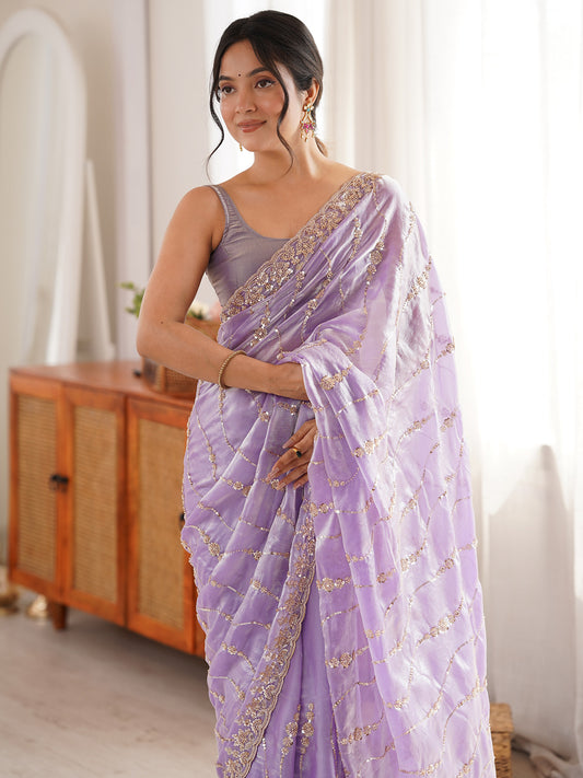 Women's Satin Lavender Embellished Designer Saree With Blouse Piece