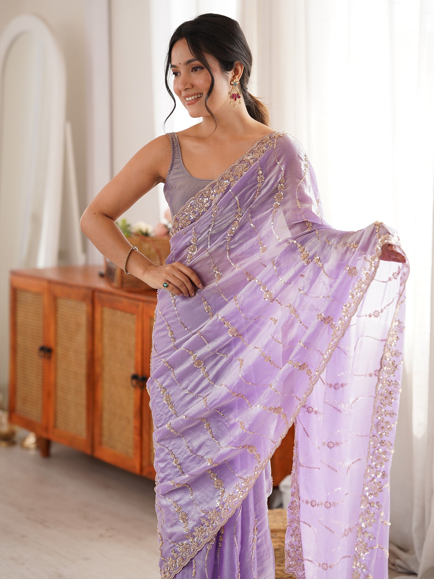 Women's Satin Lavender Embellished Designer Saree With Blouse Piece