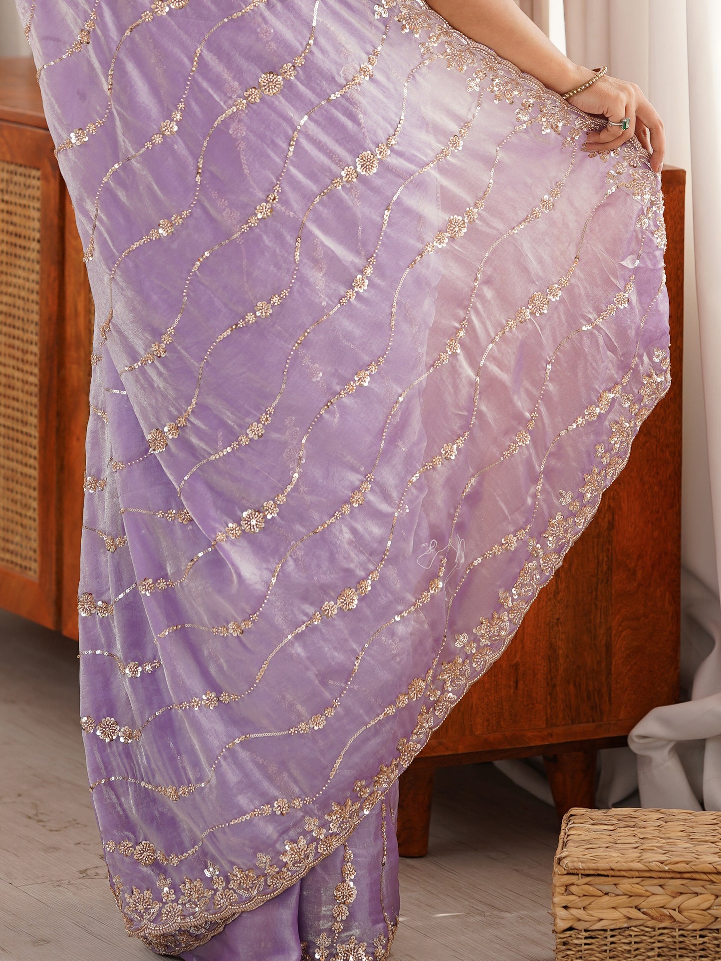Women's Satin Lavender Embellished Designer Saree With Blouse Piece