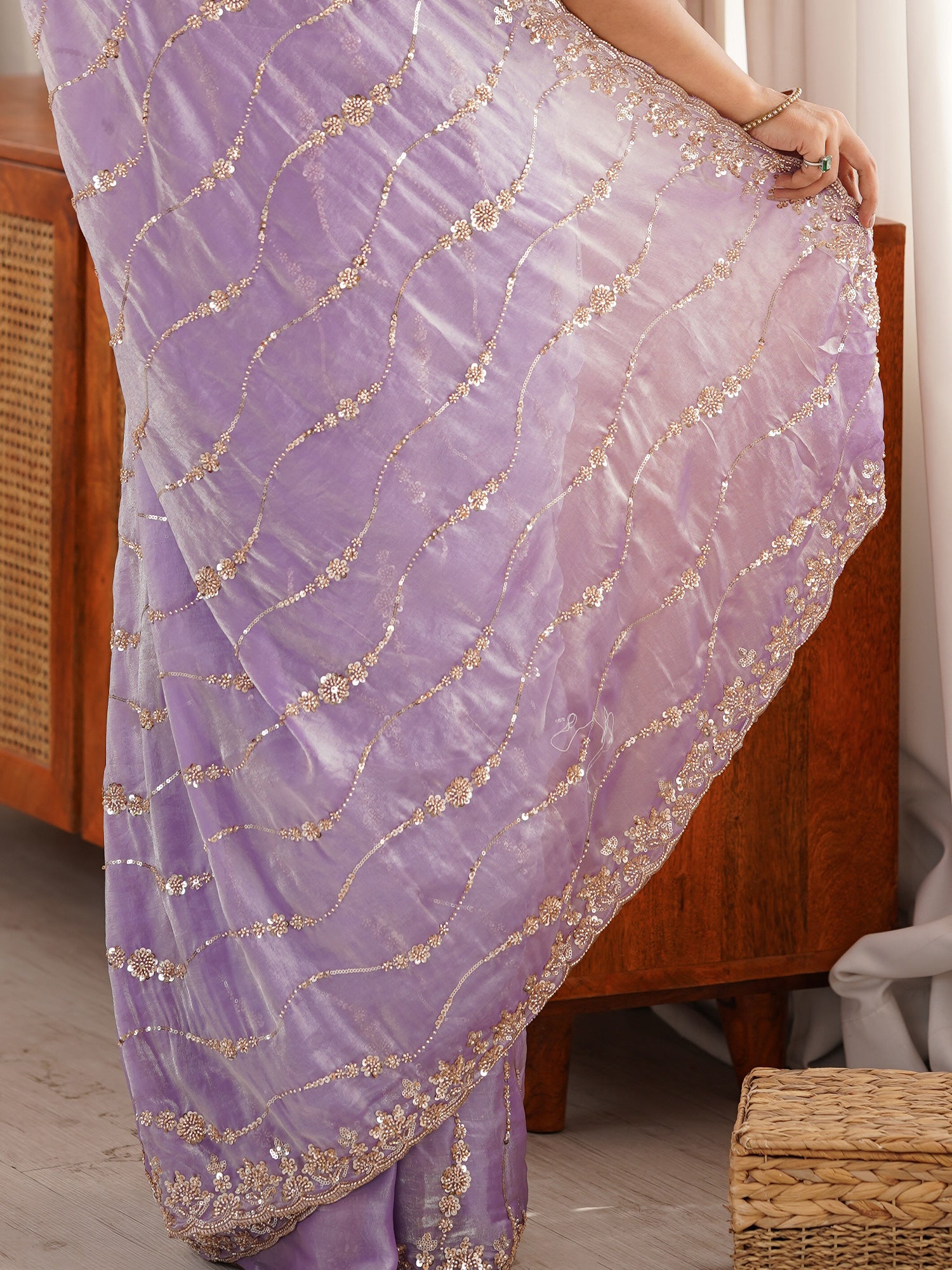 Women's Satin Lavender Embellished Designer Saree With Blouse Piece