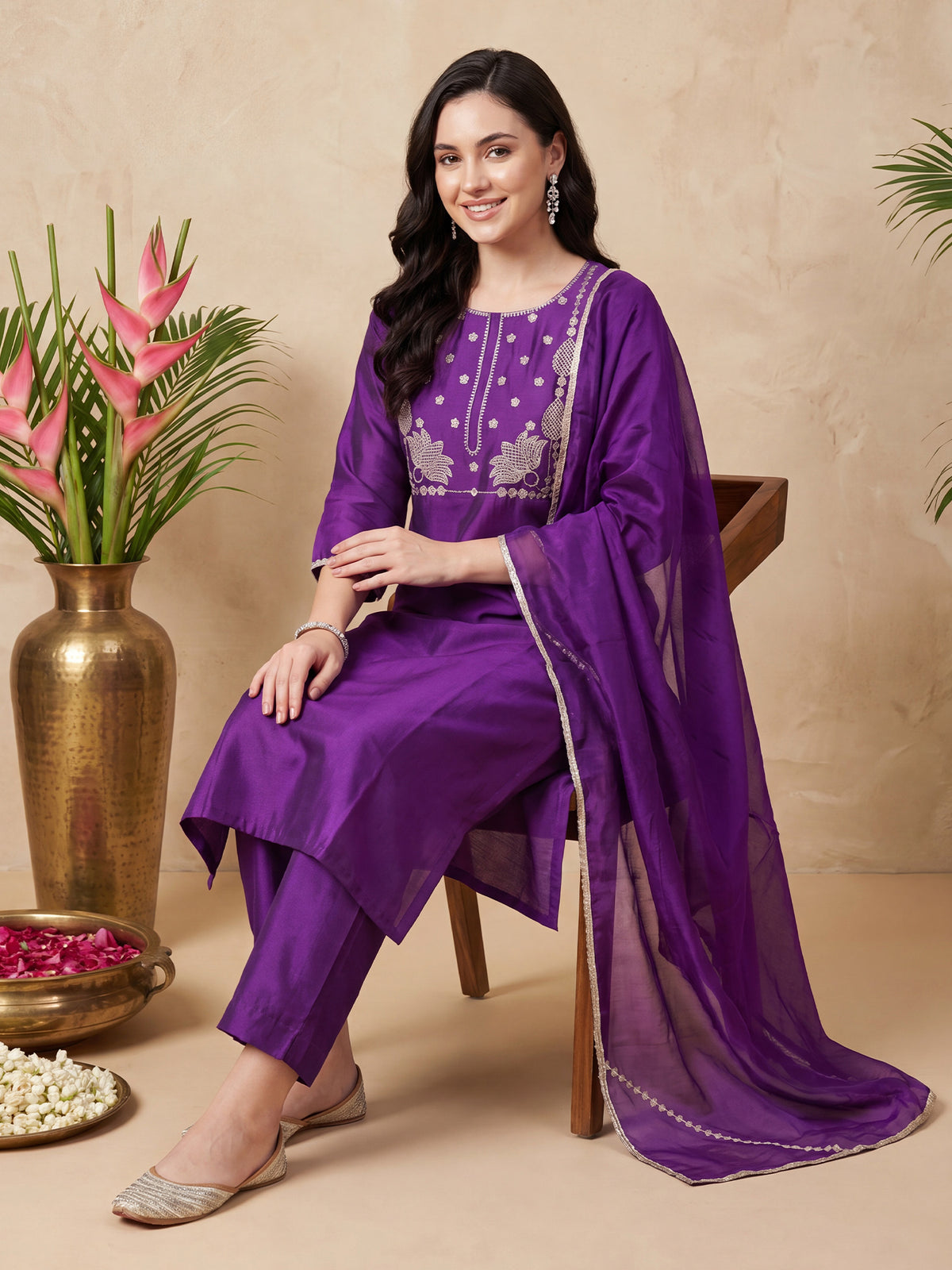 Purple Embroidered Straight Kurta Trousers With Dupatta Set-BB1KH594