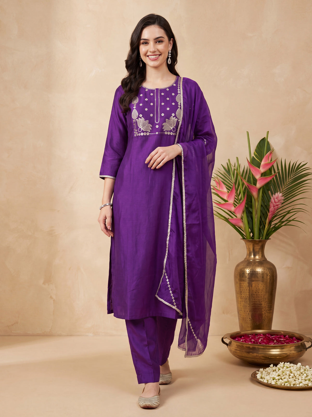 Purple Embroidered Straight Kurta Trousers With Dupatta Set-BB1KH594