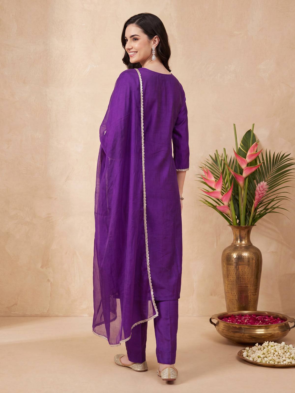 Purple Embroidered Straight Kurta Trousers With Dupatta Set-BB1KH594
