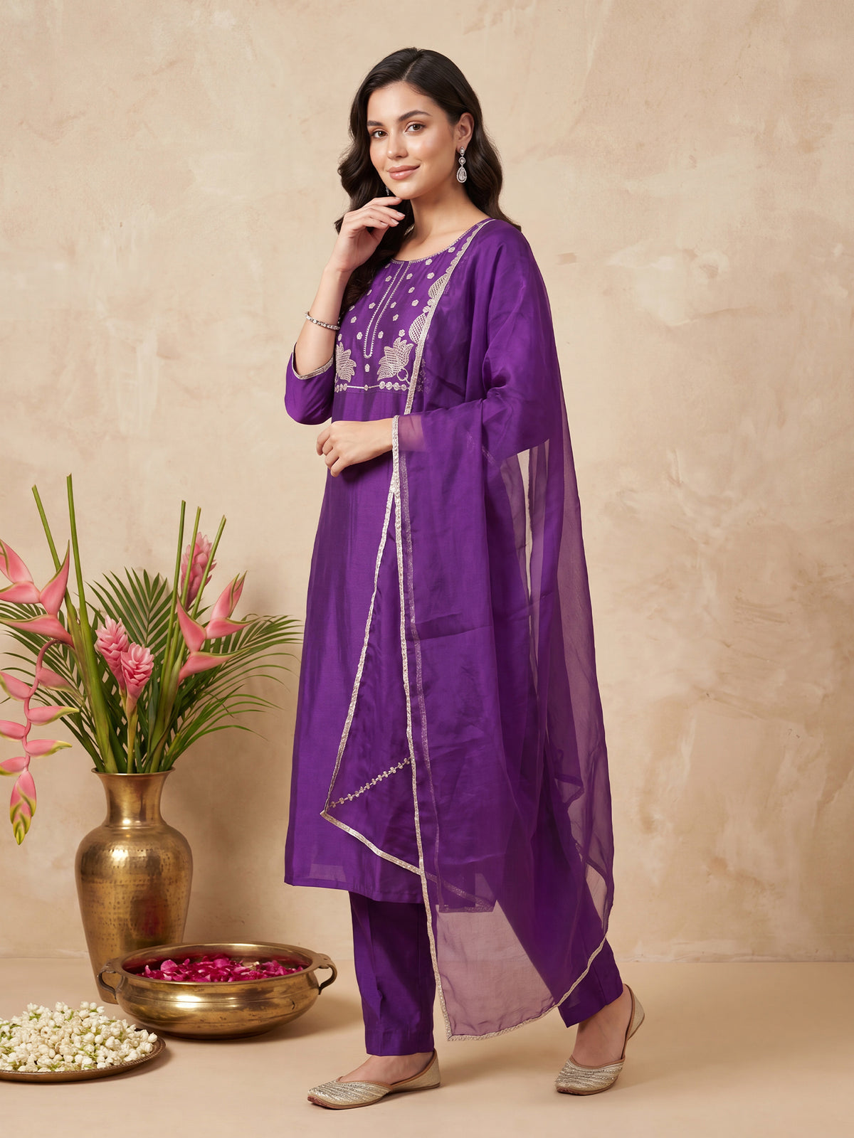 Purple Embroidered Straight Kurta Trousers With Dupatta Set-BB1KH594