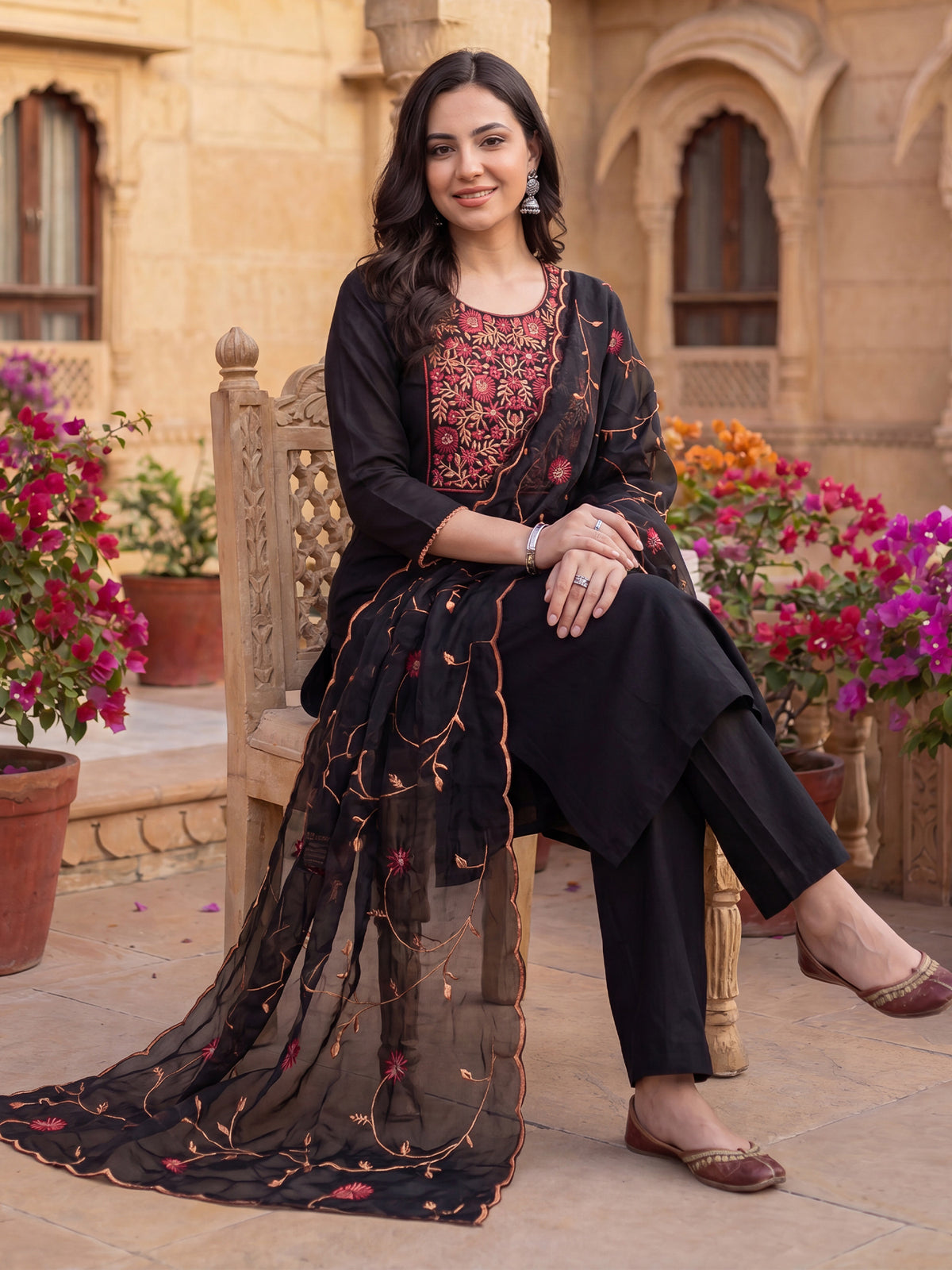 Black Embroidered Straight Kurta Trousers With Dupatta Set-BB9KH491