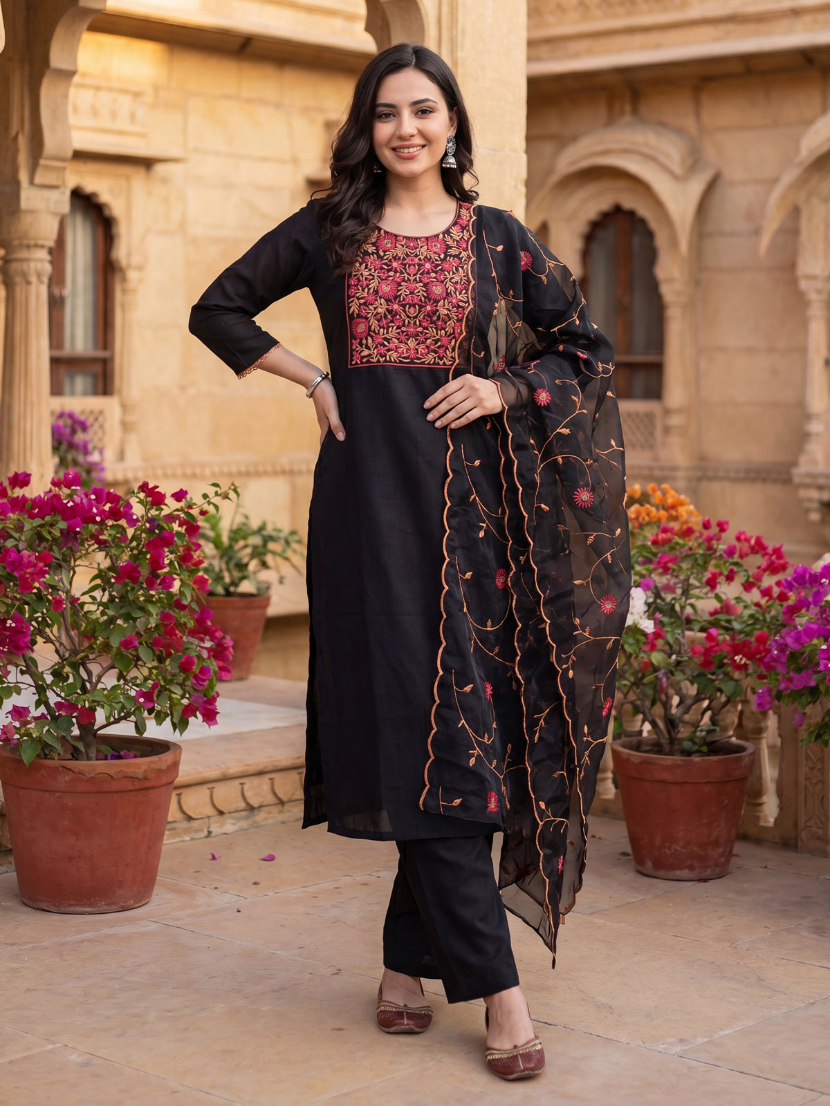 Black Embroidered Straight Kurta Trousers With Dupatta Set-BB9KH491