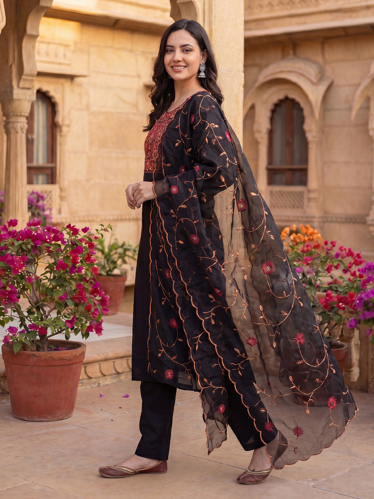 Black Embroidered Straight Kurta Trousers With Dupatta Set-BB9KH491