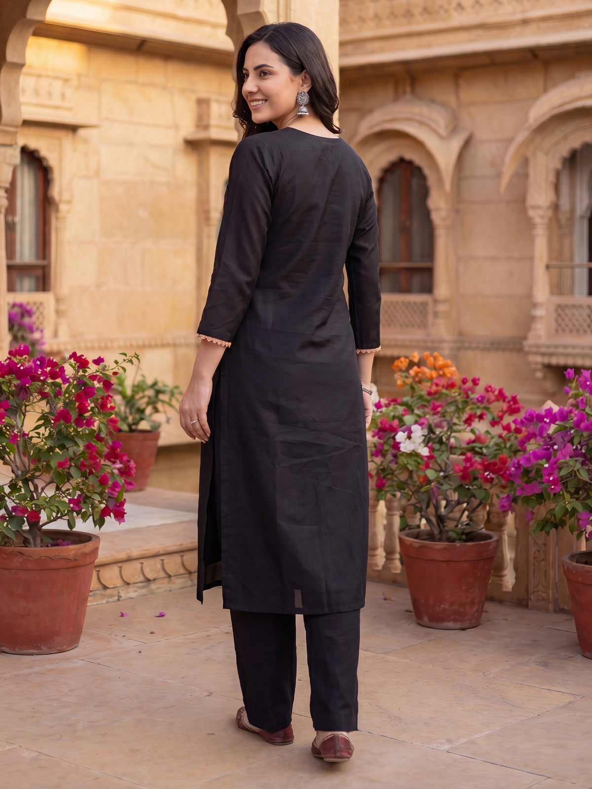 Black Embroidered Straight Kurta Trousers With Dupatta Set-BB9KH491