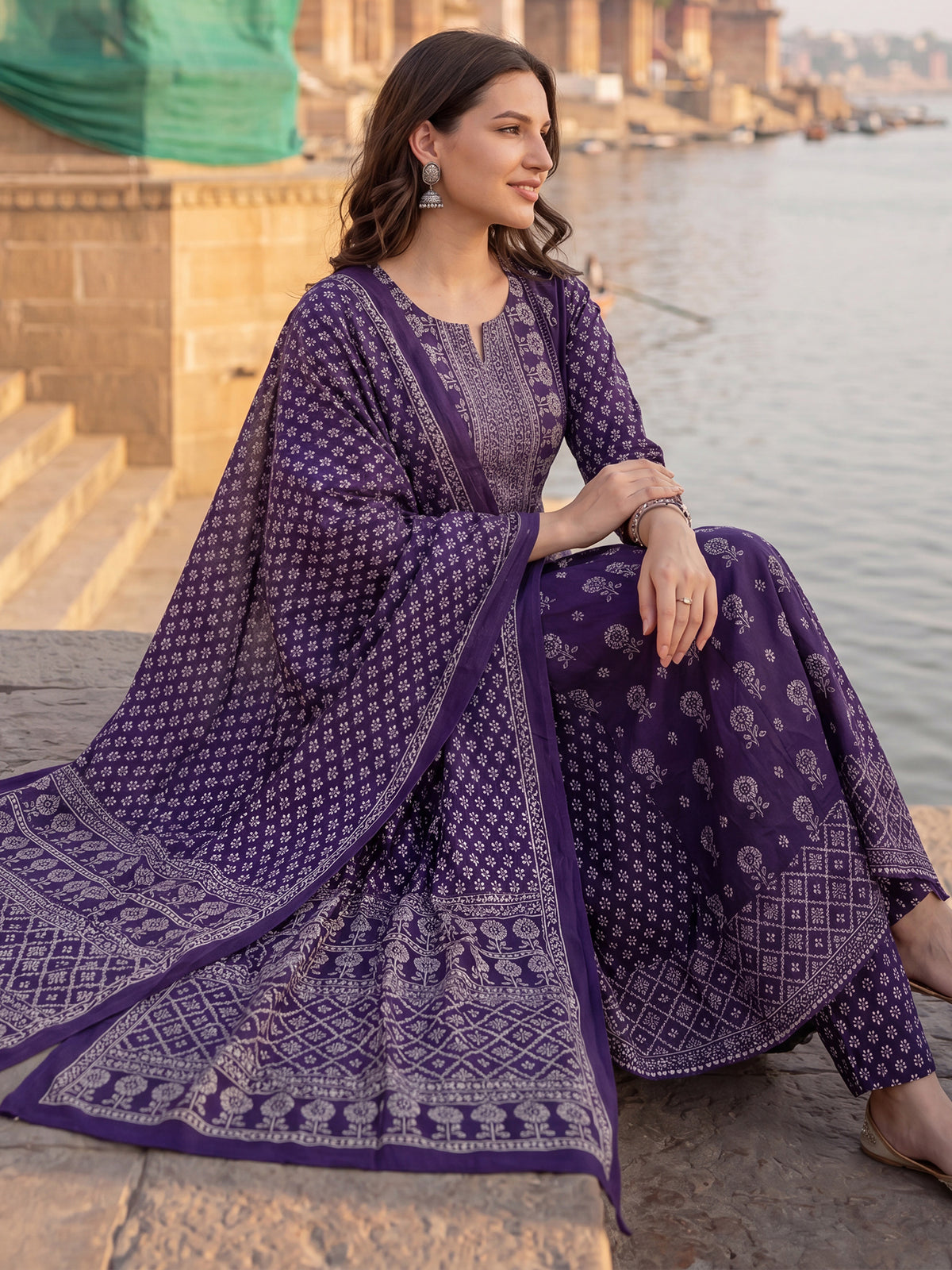 Purple Printed A-Line Kurta Trousers With Dupatta Set-KH0PR13628