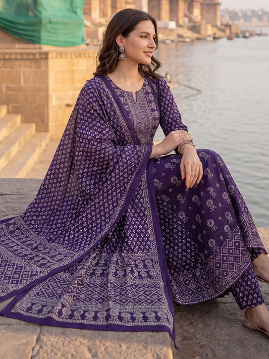 Purple Printed A-Line Kurta Trousers With Dupatta Set-KH0PR13628