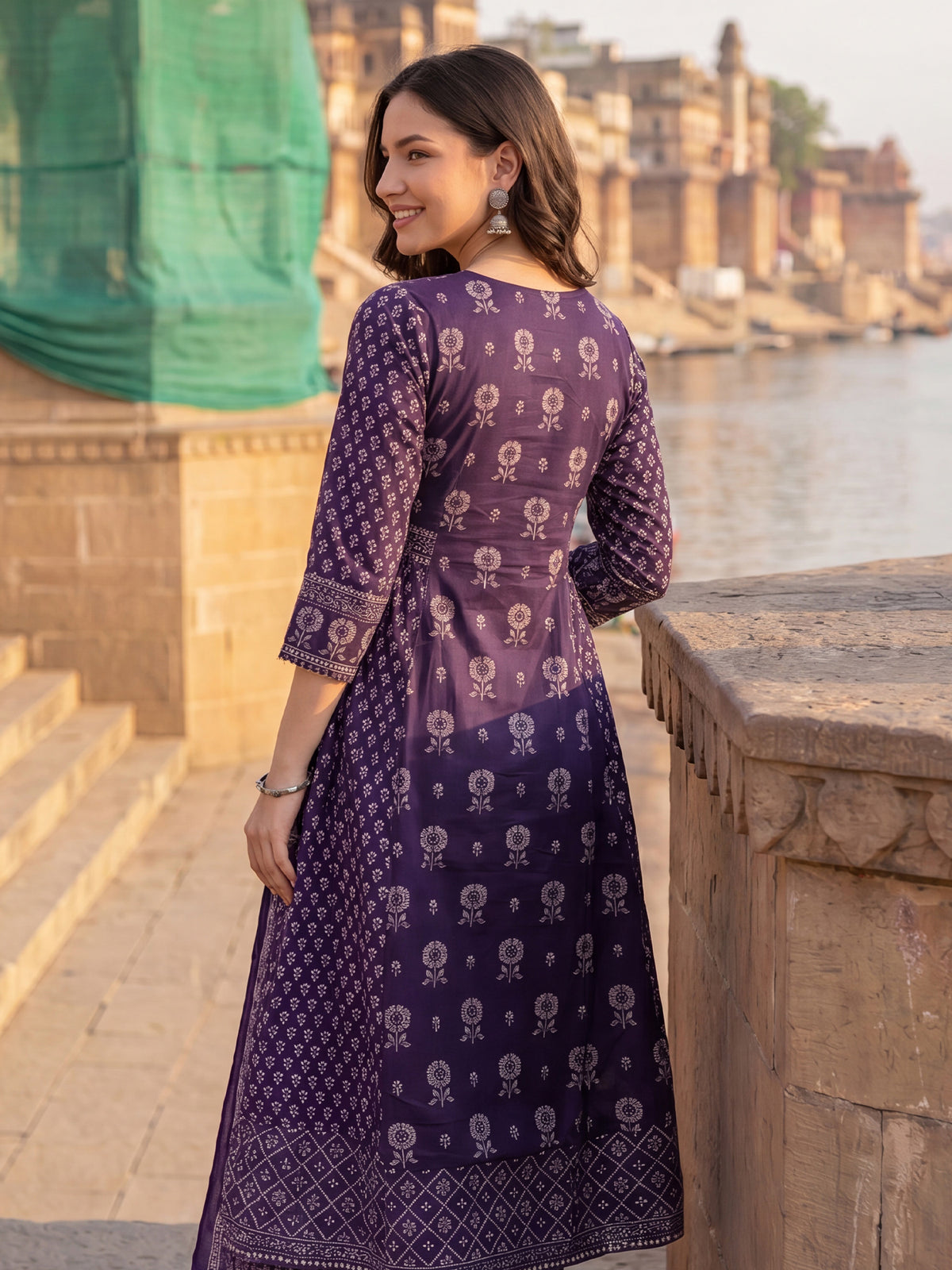 Purple Printed A-Line Kurta Trousers With Dupatta Set-KH0PR13628