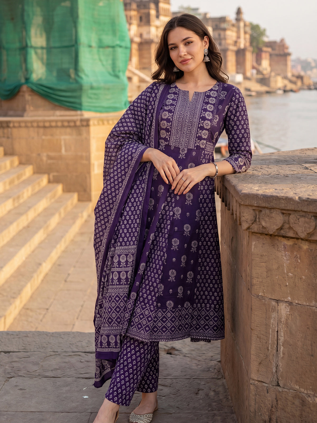 Purple Printed A-Line Kurta Trousers With Dupatta Set-KH0PR13628