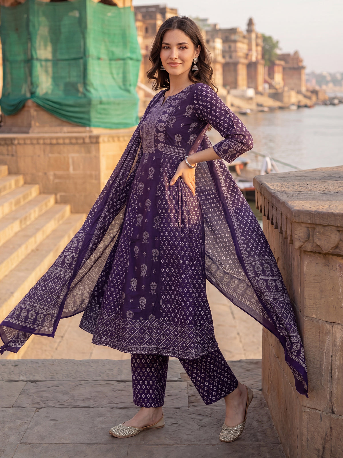 Purple Printed A-Line Kurta Trousers With Dupatta Set-KH0PR13628