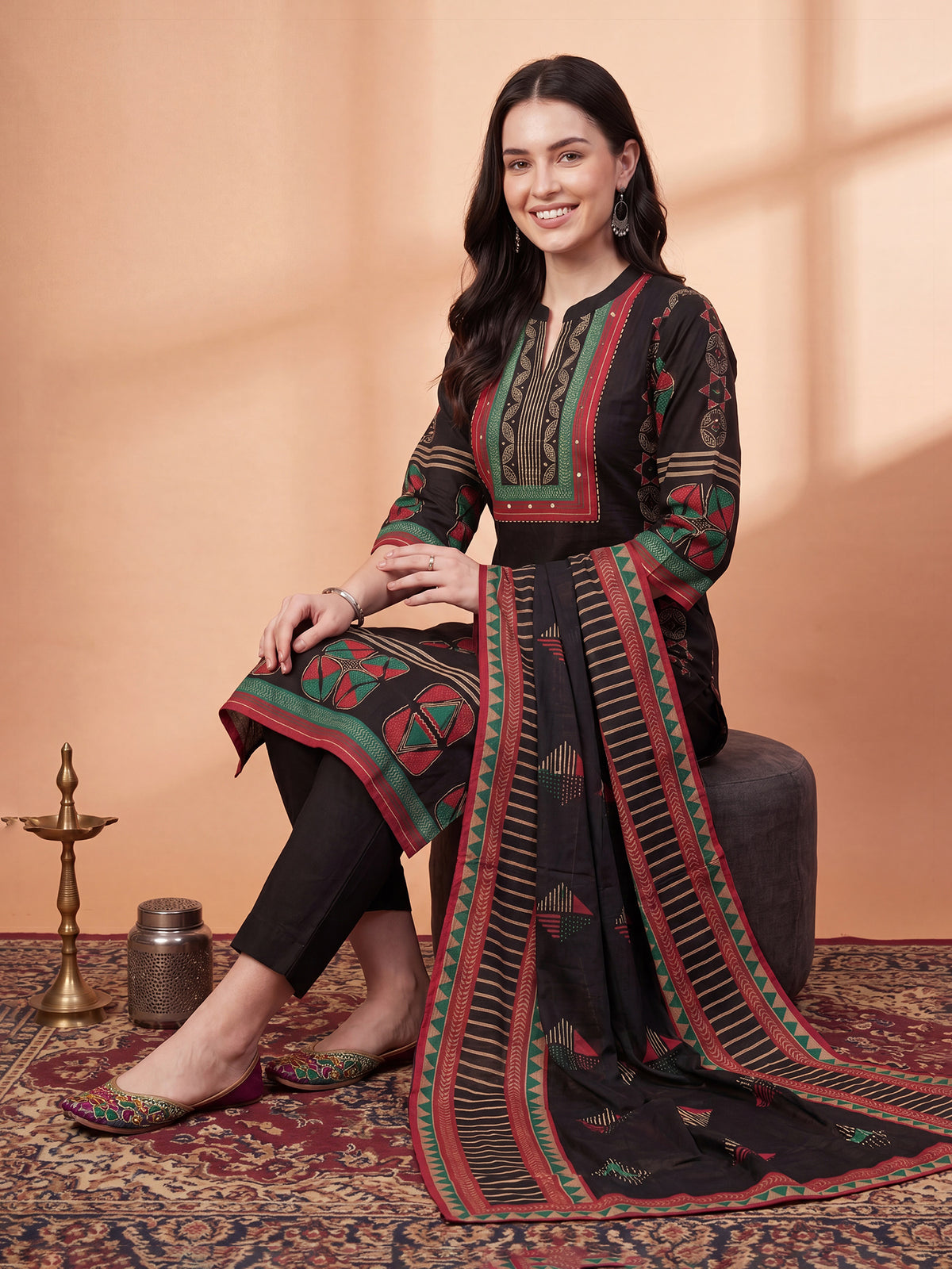 Black Printed Straight Kurta Trousers With Dupatta Set-KH0BK13441