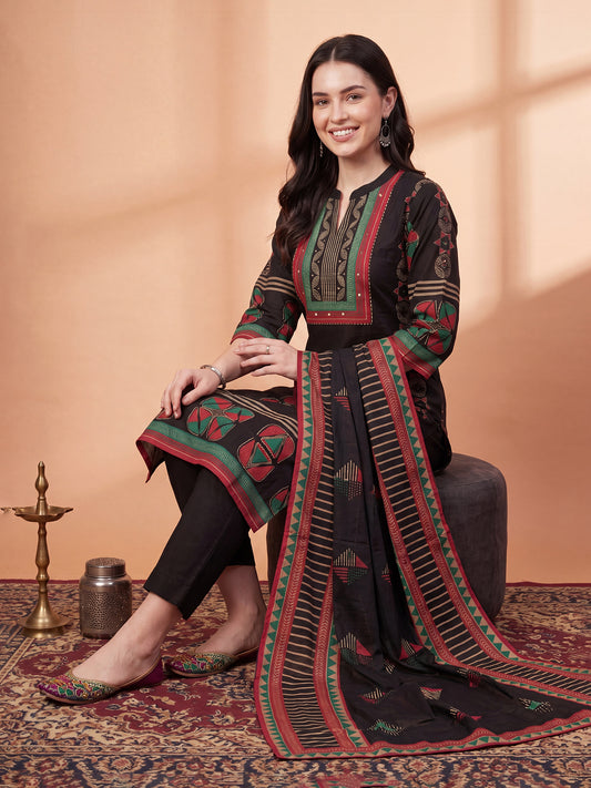 Black Printed Straight Kurta Trousers With Dupatta Set-KH0BK13441