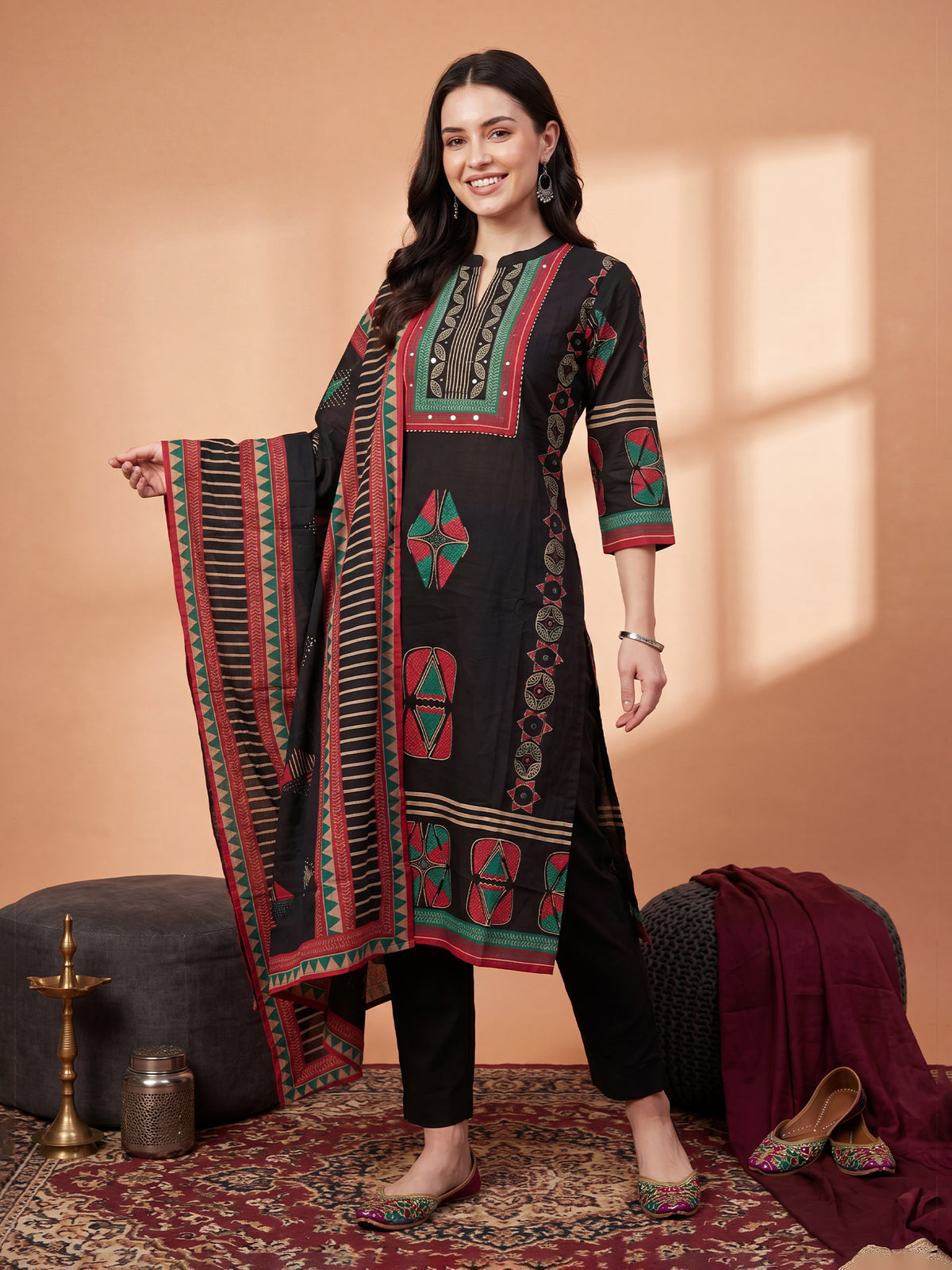 Black Printed Straight Kurta Trousers With Dupatta Set-KH0BK13441