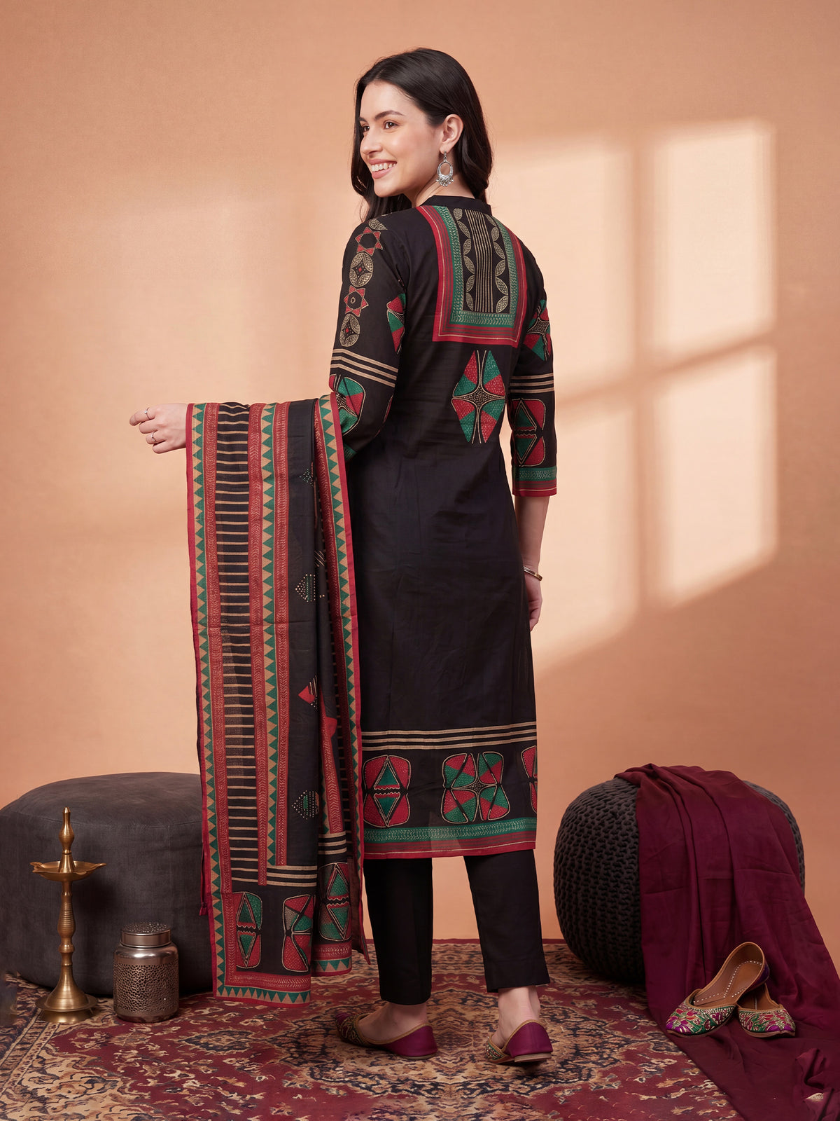 Black Printed Straight Kurta Trousers With Dupatta Set-KH0BK13441