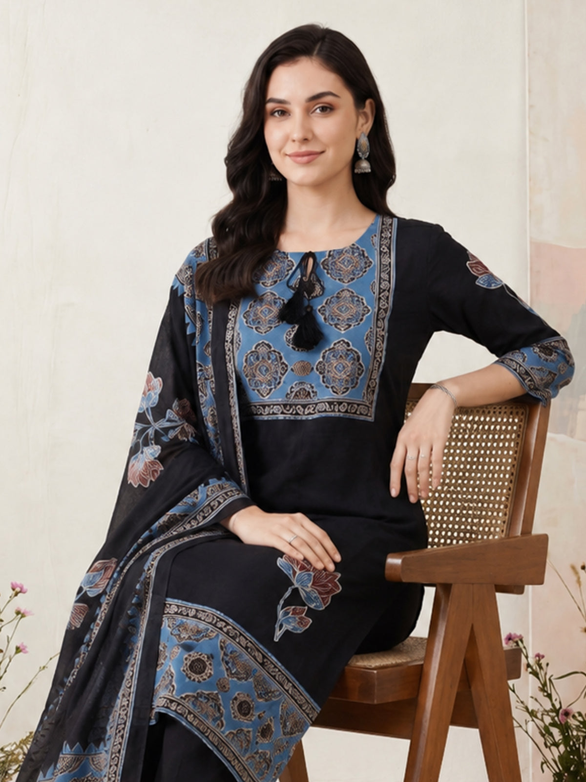 Black Printed Straight Kurta Trousers With Dupatta Set-KH0BK13381