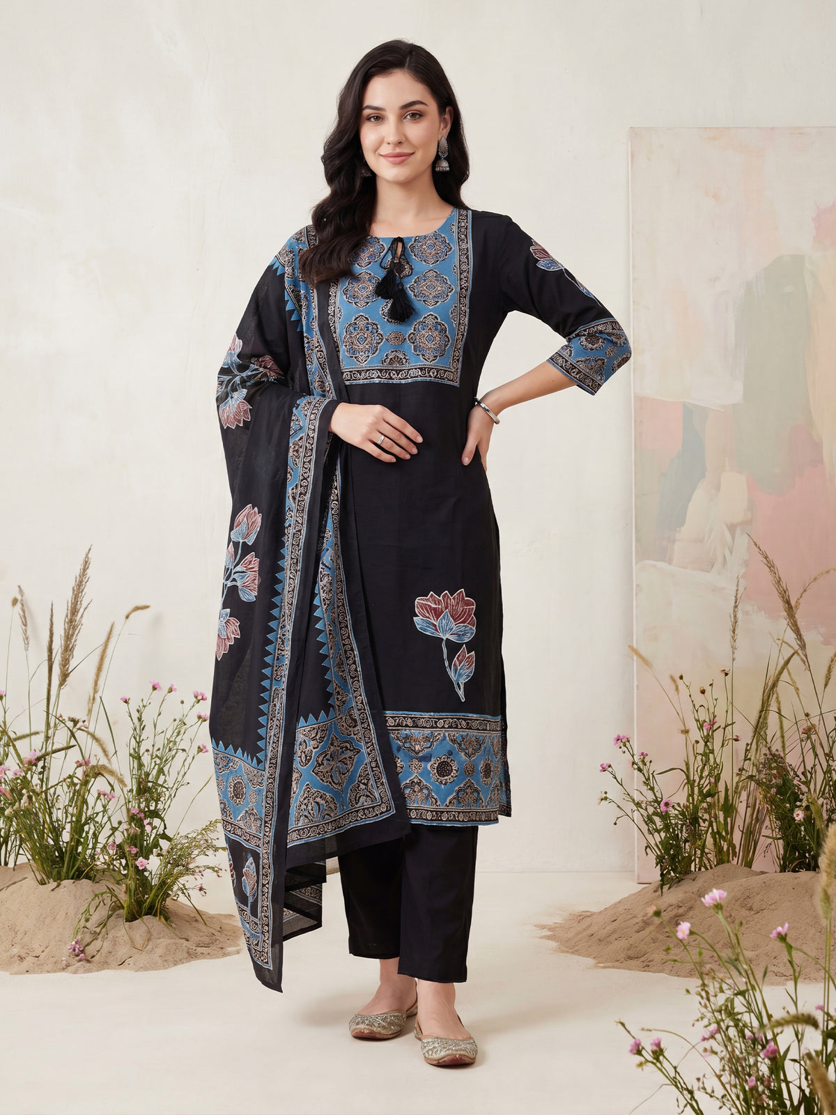 Black Printed Straight Kurta Trousers With Dupatta Set-KH0BK13381
